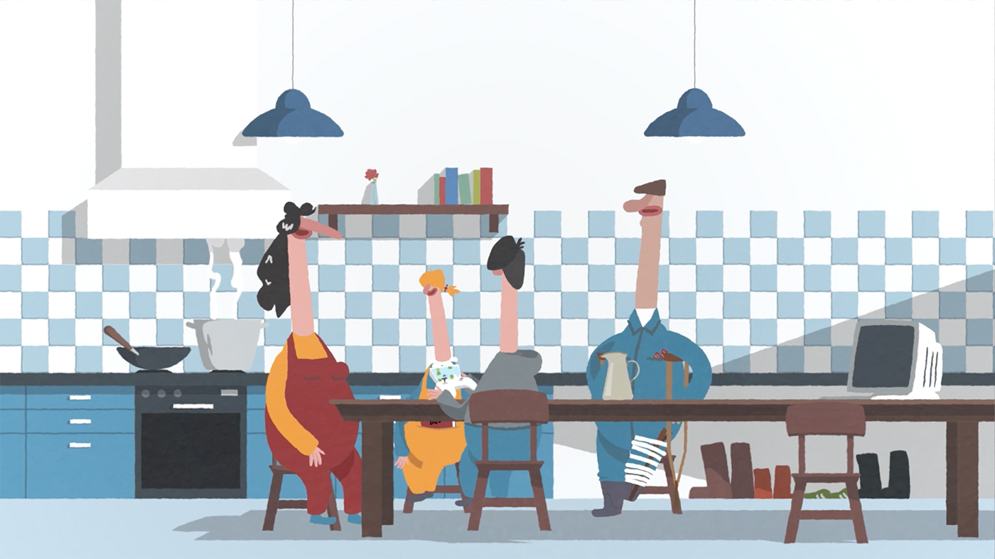 Full Frame_Farmwell_Animatie_Storytelling_01_, animatie familie zit aan de eettafel in een blauwe keuken